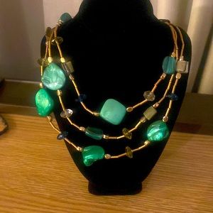 Vintage necklaces| vintage shell sea green Czech bead gold tone collar bib